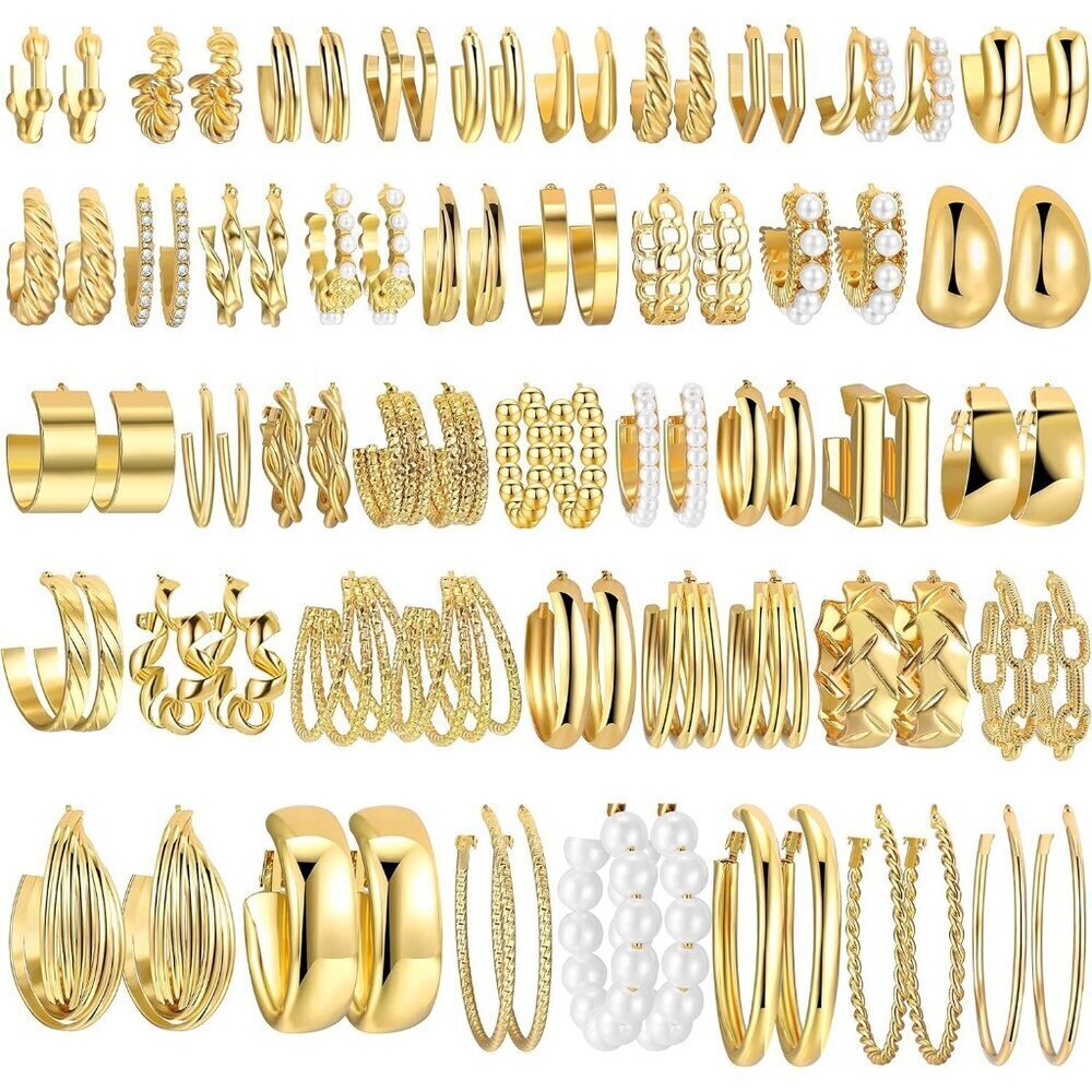42 Pairs Gold Hoop Earrings Set for Women - Chunky & Pearl Twisted Hoops